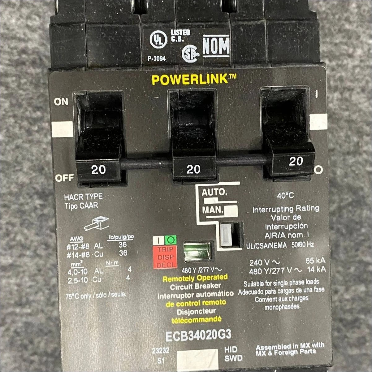 GUARANTEED BRAND NEW ECB34020G3 20A, 3P, 480V POWERLINK CIRCUIT BREAKER