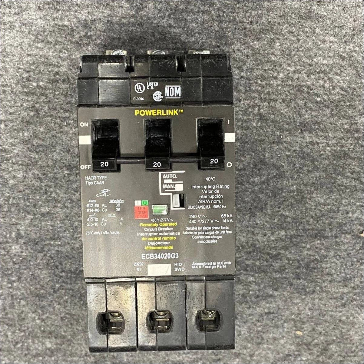 GUARANTEED BRAND NEW ECB34020G3 20A, 3P, 480V POWERLINK CIRCUIT BREAKER